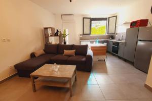 uma sala de estar com um sofá, uma mesa e uma cozinha em Ravissant T2 *Clim *WIFI - Centre-ville, 2min Gare - ROSSIconciergerie - Linge inclus em Lunel