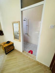een badkamer met een douche en een glazen deur bij Shooting star Lodge in Dodoma
