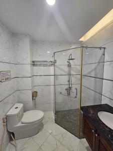 ein Bad mit einer Dusche, einem WC und einem Waschbecken in der Unterkunft ABC HOTEL BÌNH TÂN in Ho-Chi-Minh-Stadt
