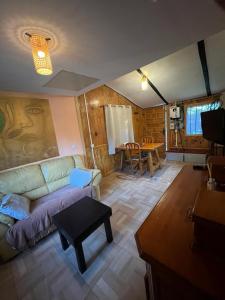 ein Wohnzimmer mit einem Sofa und einem Tisch in der Unterkunft Cabaña ecologica del lago in Paredes de Buitrago