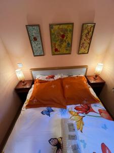 um quarto com uma cama com lençóis laranja e 2 candeeiros em Cabaña ecologica del lago em Paredes de Buitrago