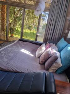 - un lit avec des oreillers dans une chambre avec une fenêtre dans l'établissement The Villa, à Bulawayo