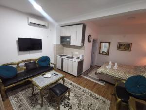 a living room with a couch and a kitchen at IN Apartments AirPort in Podgorica