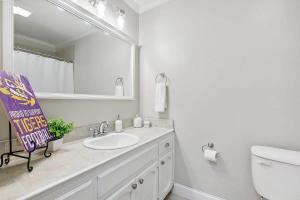 Un baño con lavabo, inodoro y espejo. en Cozy Retreat in the Heart of Baton Rouge, en Baton Rouge 14 fotos más