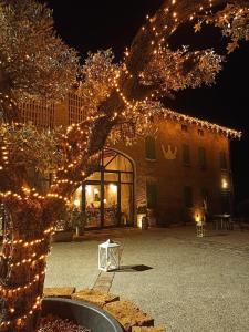 uma árvore de Natal com luzes em frente a um edifício em Locanda Corte Ruspecchio em Quattro Castella