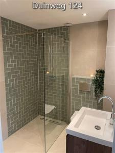 Un baño con ducha de cristal y lavabo. en Appartementen Zuiderstrand H, en Westkapelle
