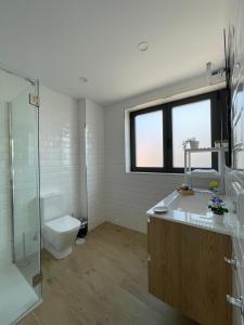 a bathroom with a toilet and a sink and a shower at Apartamentos Ares Rentals in Ares +22 photos