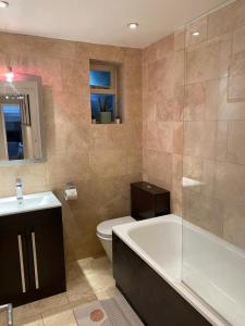 Luxury Putney Riverside Apartment في لندن: حمام مع حوض ومرحاض ومغسلة