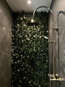 La salle de bains est pourvue d'une douche avec un mur vert. dans l'établissement Coeur Nature, à Arsimont