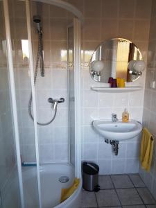 uma casa de banho com um chuveiro e um lavatório. em Ferienwohnung Witt em Neustrelitz