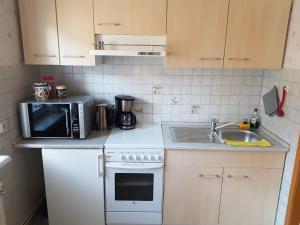 una pequeña cocina con microondas y fregadero en Ferienwohnung Witt, en Neustrelitz