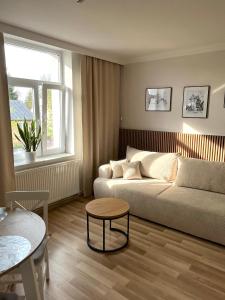 ein Wohnzimmer mit einem Sofa und einem Tisch in der Unterkunft Noclegi Pod Klonem in Sandomierz