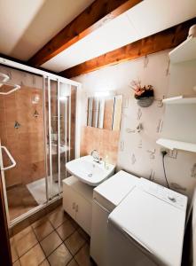 a bathroom with a sink and a shower at La Tiloé des dunes ~ T3 centre de la Palmyre in Les Mathes