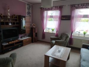 a living room with pink curtains and a tv and a table at Ferienwohnung am Tierpark Weißwasser in Weißwasser