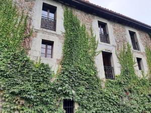 um edifício de tijolos coberto de hera com janelas e portas em The Manor House em Barreda