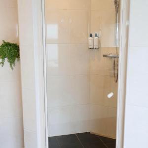 a shower in a bathroom with a glass door at Moeke Mooren in Appeltern