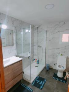 een badkamer met een douche, een wastafel en een toilet bij Piso Gandia in Gandía