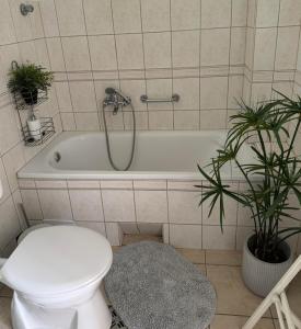 a bathroom with a toilet and a bath tub with a shower at Pelini - 2 in Szentendre +17 photos