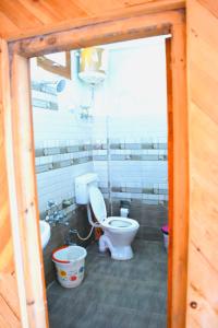 a bathroom with a toilet and a sink at Pahadi Bliss Hostel ,Tosh in Tosh