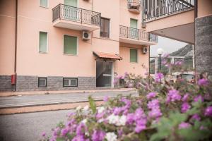 a group of pink flowers in front of a building at Holiday Gufetto in Pietra Ligure