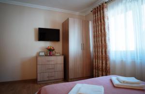 a bedroom with a bed and a dresser with a television at Vila Rodica Transalpina in Şugag
