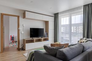 a living room with a couch and a tv at Fantasy House, cozzy apartmens, free parking, long stays welcome in Vilnius