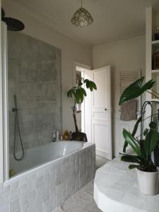 a bathroom with a tub and a potted plant at Lumière & Majesté Appartement Versailles in Versailles