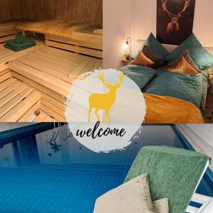 a hotel room with a bed and a pool at Schwarzwald-Traum mit Pool und Sauna in Unterkirnach