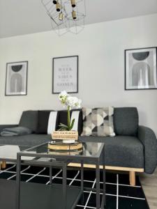 a living room with a couch and a glass table at Elegantes 2 Zimmer Apartment Top Lage in Bruchsal