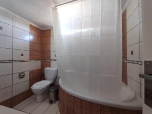 a bathroom with a toilet and a bath tub at Wave Sound Apartments - Village View in Skala Marion