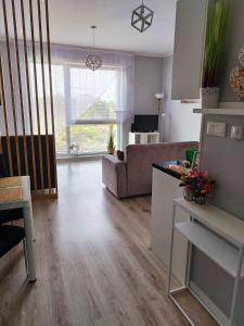 a kitchen and living room with a couch and a table at Ukiel Park J&J in Olsztyn