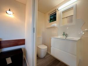 a bathroom with a toilet and a sink and a window at Swan Sea Cozy Retreat at Sandy Bay in Sandy Bay