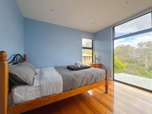 a blue bedroom with a bed and a large window at Mountains and Treetops Retreat - Nature Getaway in Lenah Valley