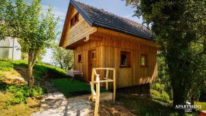 uma pequena casa de madeira com uma escada em frente em Brunarica Vrhovc em Železniki