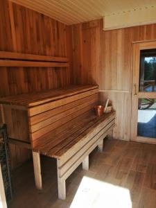 an empty sauna with a wooden bench in a room at Brīvdienu māja Straumēni in Pāle