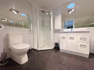 a bathroom with a toilet and a shower and a sink at Heritage Building Penthouse CBD Apartment in Hobart +16 photos