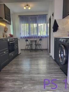 eine Küche mit einer Waschmaschine und einem Tisch mit Stühlen in der Unterkunft Purple StudioS in Weliko Tarnowo