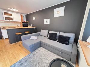 ein Wohnzimmer mit einem Sofa und einer Küche in der Unterkunft Lokal typu Studio 66 in Łódź