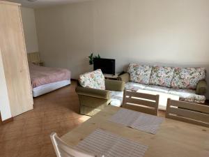 ein Wohnzimmer mit einem Sofa und einem Tisch in der Unterkunft Pirin Golf private studio in Raslog