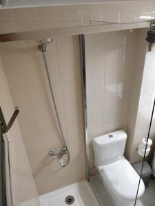 a small bathroom with a toilet and a shower at Bonavista Studio with a Balcony - Calella in Calella