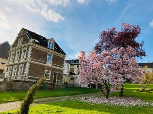una casa con un albero da fiore di fronte di NEU - Ferienwohnungen im Winzergarten a Traben-Trarbach