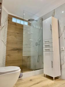 uma casa de banho com uma cabina de duche em vidro e um WC. em Ocean Sun 5 em Éxo Goniá