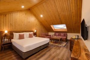 a bedroom with a bed and a tv in a room at Lemon Tree Hotel, Kasauli in Kasauli