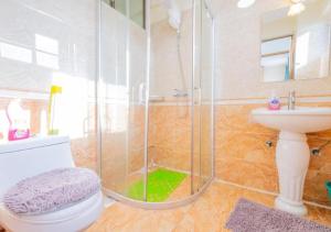 a bathroom with a shower and a toilet and a sink at Tribal Themed 3BR Penthouse in Nairobi