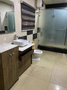 a bathroom with a toilet and a sink and a shower at PRESKEN CASTLE in Lagos