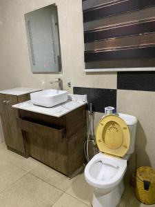 a bathroom with a toilet with a sink and a mirror at PRESKEN CASTLE in Lagos