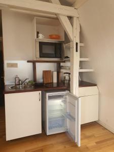 Il comprend une petite cuisine équipée d'un réfrigérateur et d'un four micro-ondes. dans l'établissement Wombat-1-2-Personen, à Brunsbüttel