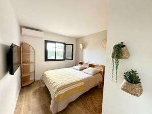 ein Schlafzimmer mit einem Bett und einer Topfpflanze in der Unterkunft La Villa Gioia avec piscine ! in 