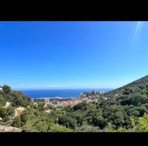 a view of the ocean and a town on a hill at 10 min de Monaco petite maison avec jardin vue mer et rocher de Monaco in La Turbie