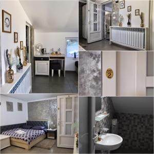 un collage de fotos de un baño y un dormitorio en Cazare MOLDI - regim hotelier, en Câmpulung Moldovenesc
